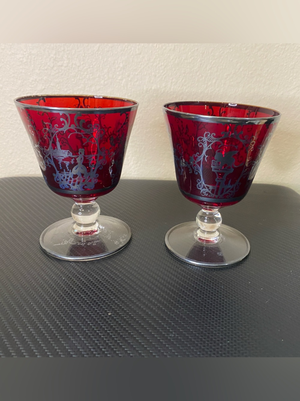 Red Etched Glass Goblets - Set of 2